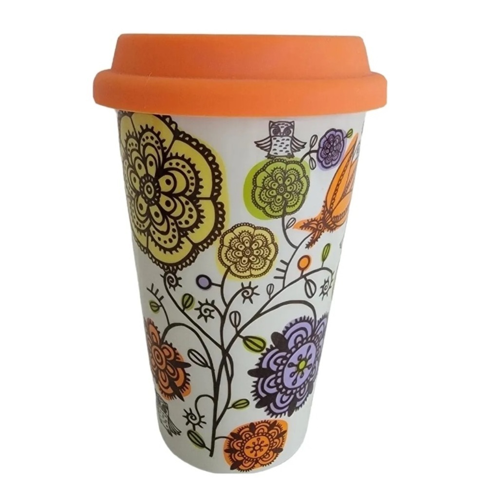 Thermal Travel Mug With Silicone Lid 8 oz Floral and Owls Design